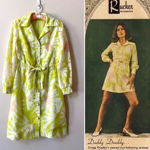 Vintage Gregg Daddy Draddy Daisy Print Shirt Dress Mod Green Psychedelic 60s 70s
